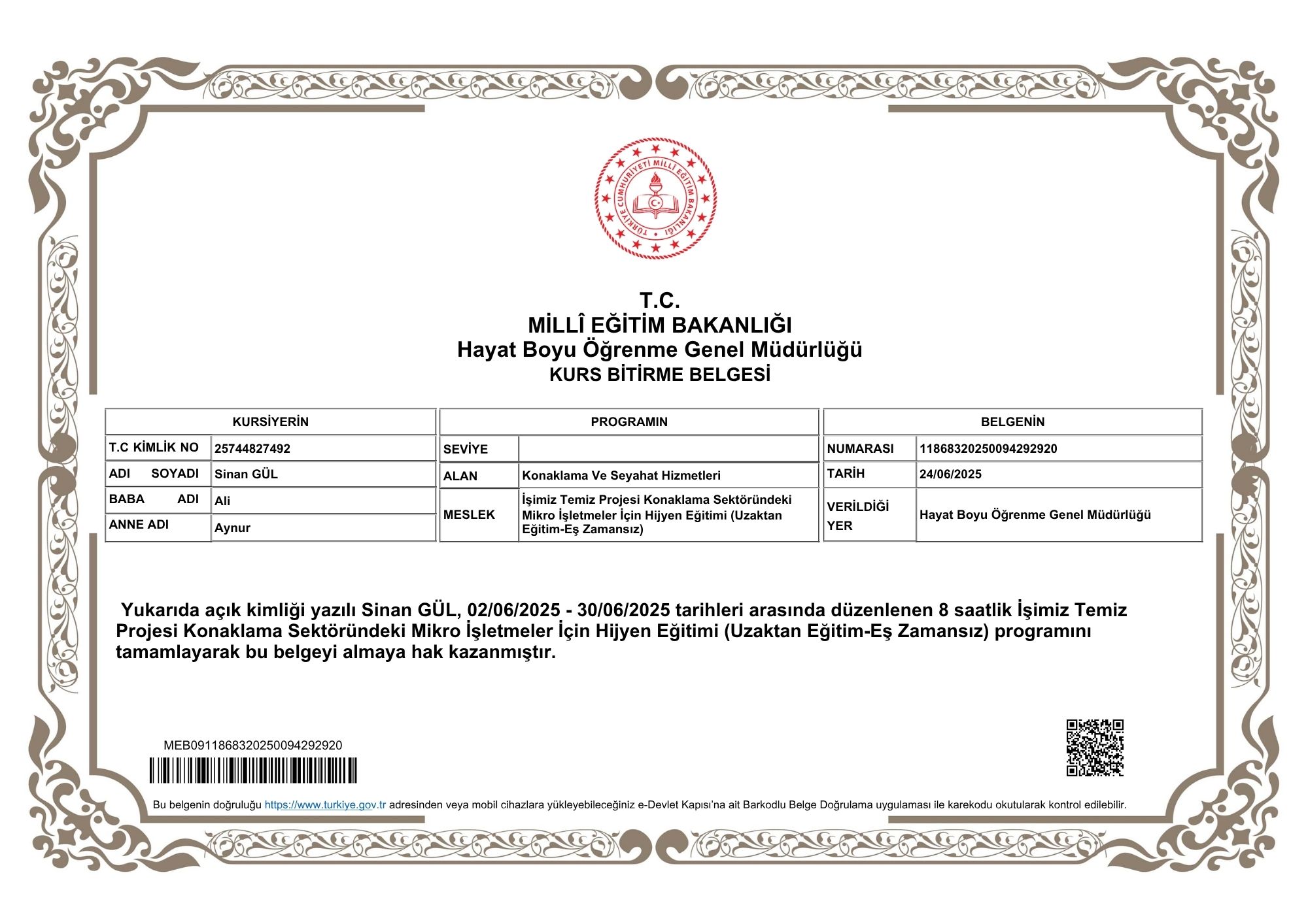 KONAKLAMA VE SEYAHAT HİZMETLERİ HİJYEN BELGESİ