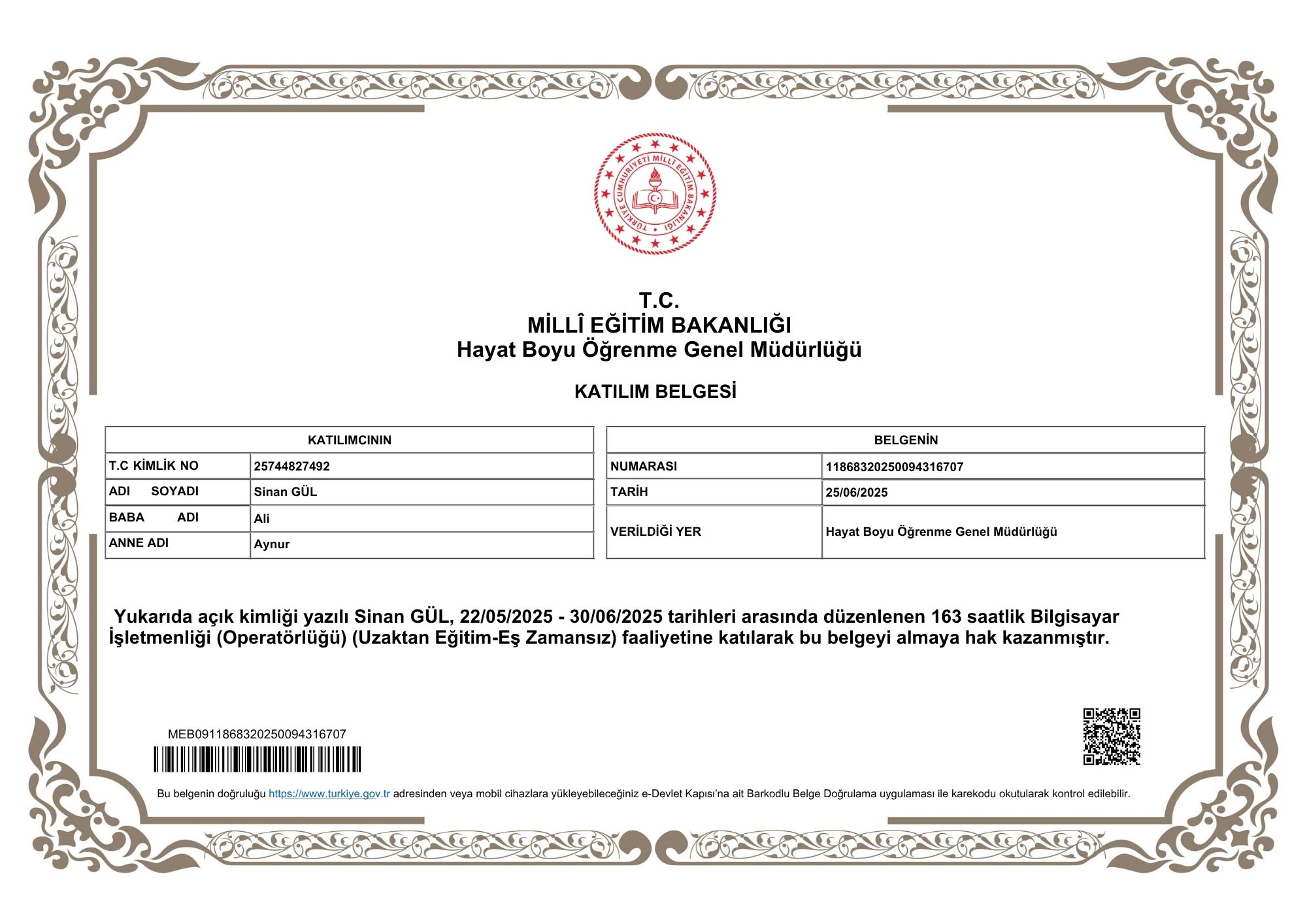 BİLGİSAYAR İŞLETMENLİĞİ EĞİTİMİ KATILIM BELGESİ