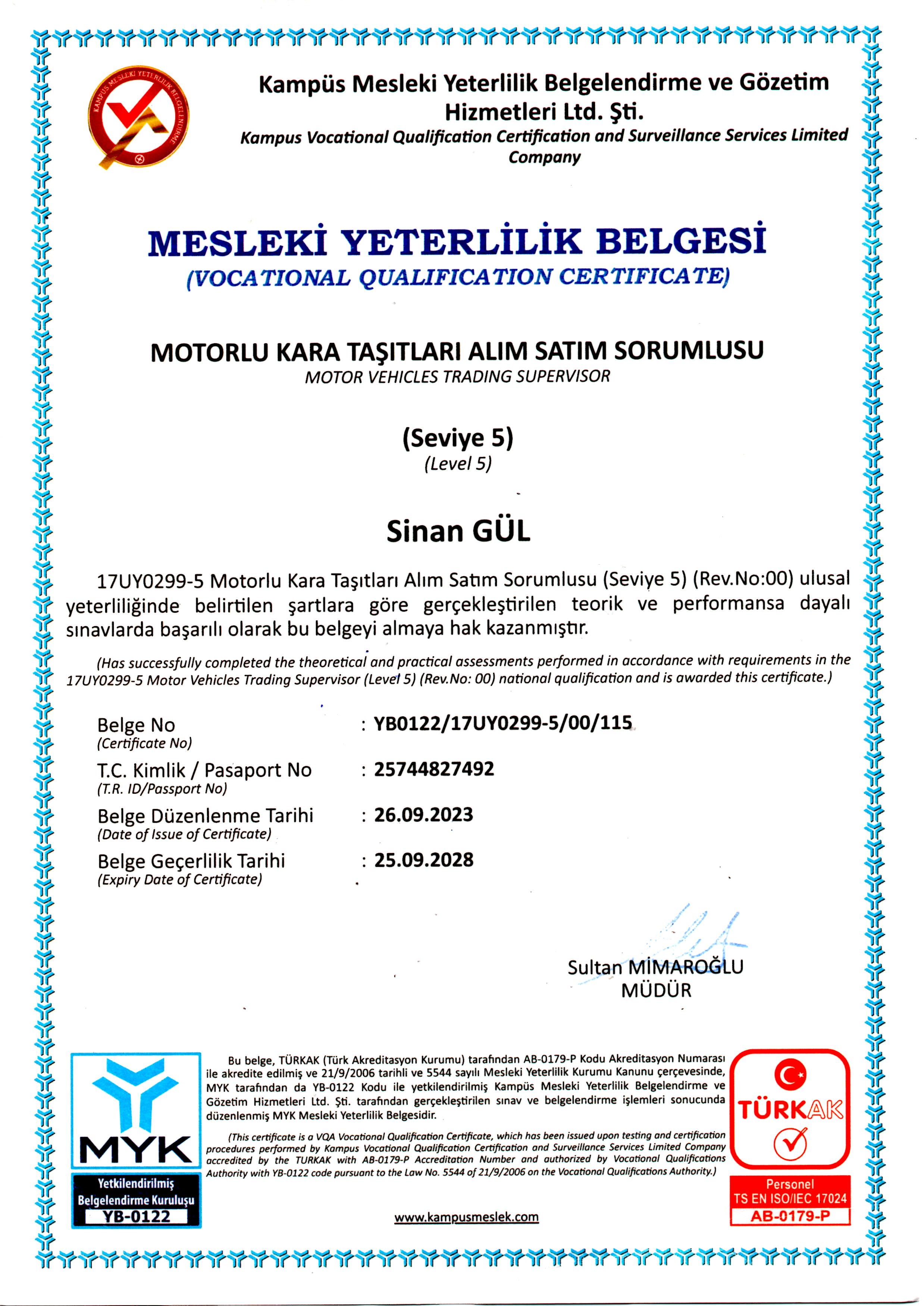 MYK SEVİYE 5 OTO ALIM SATIM