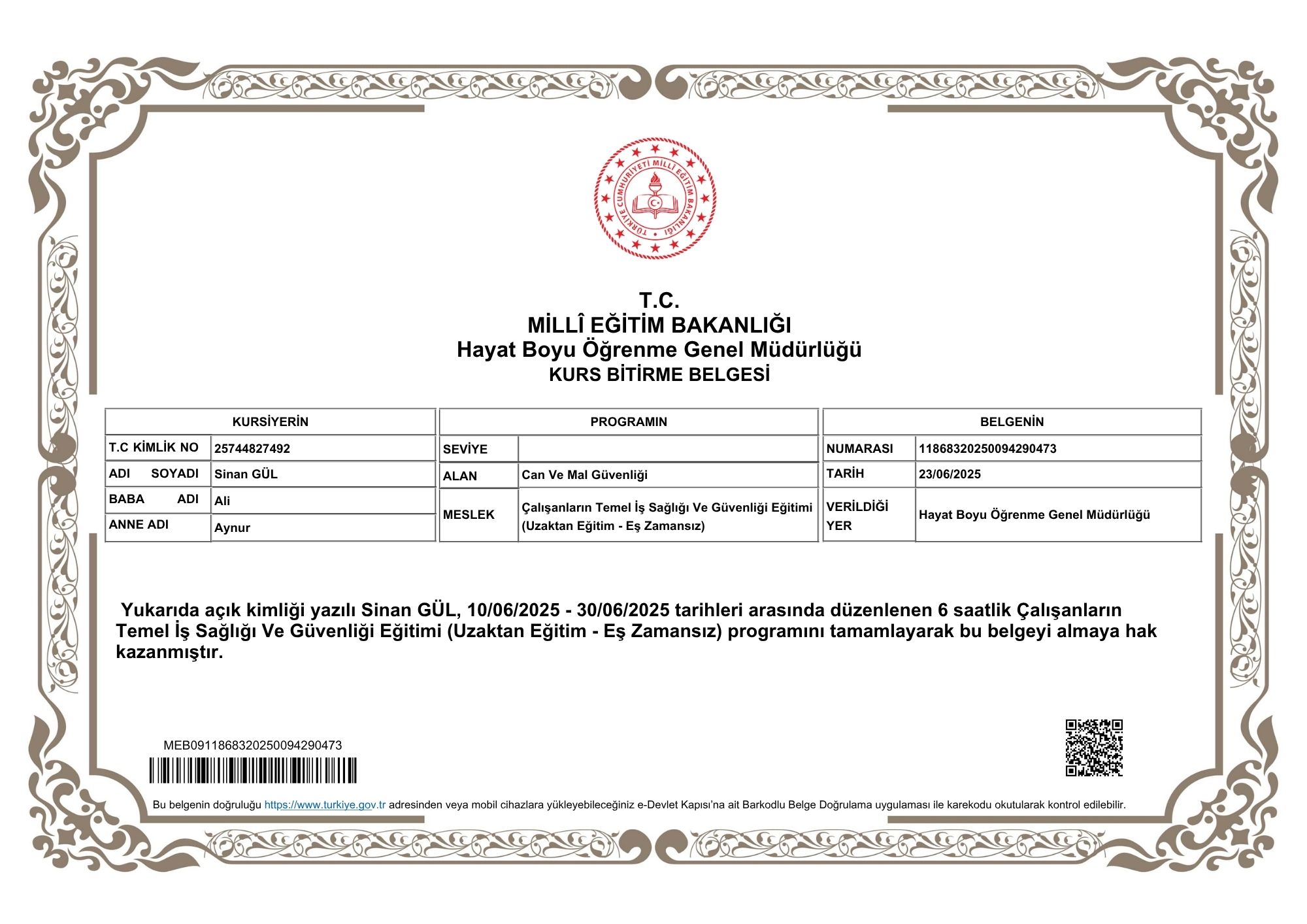 ÇALIŞANLARIN TEMEL İŞ SAĞLIĞI VE GÜVENLİĞİ EĞİTİMİ BELGESİ