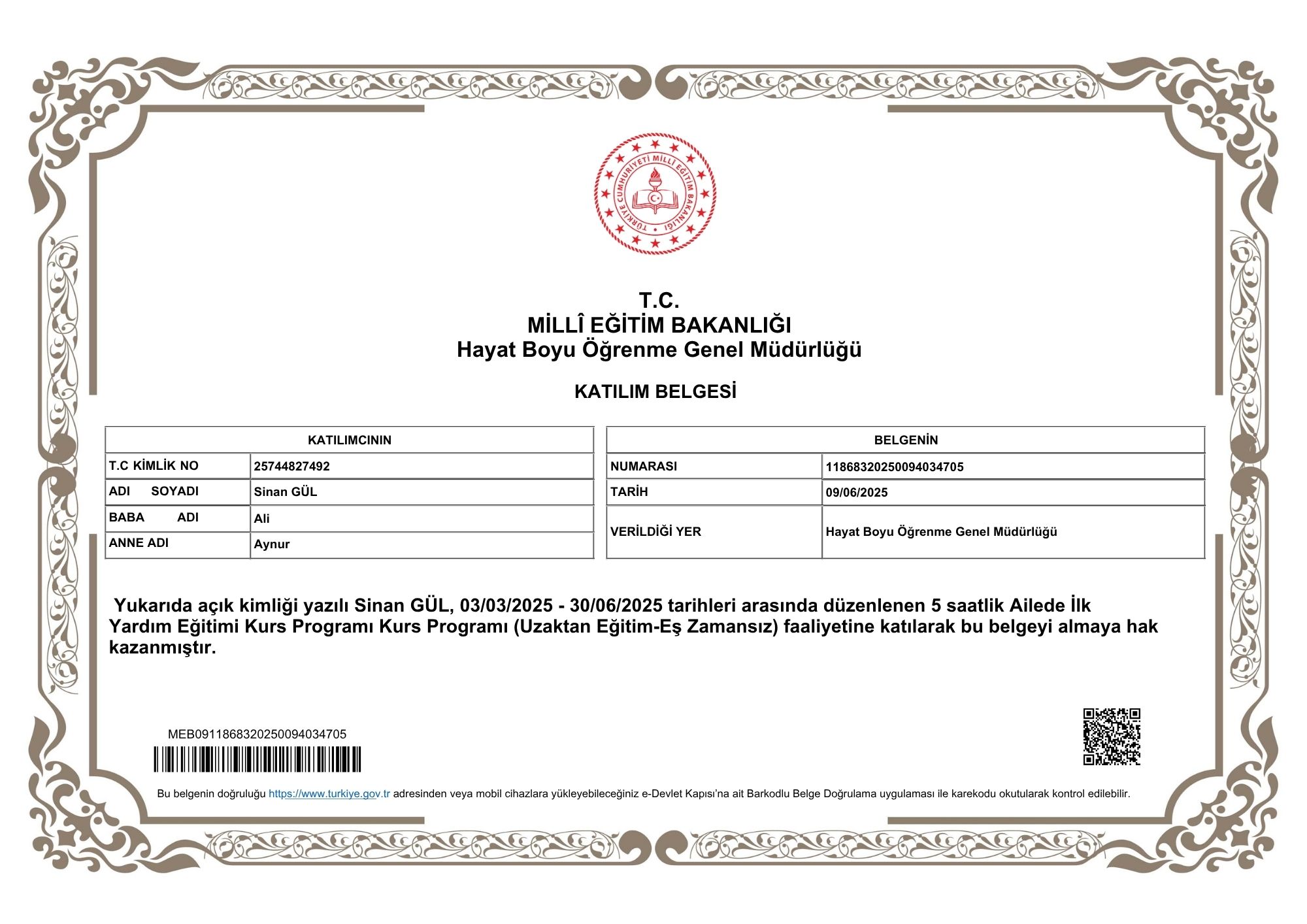 AİLEDE İLK YARDIM EĞİTİMİ KATILIM BELGESİ