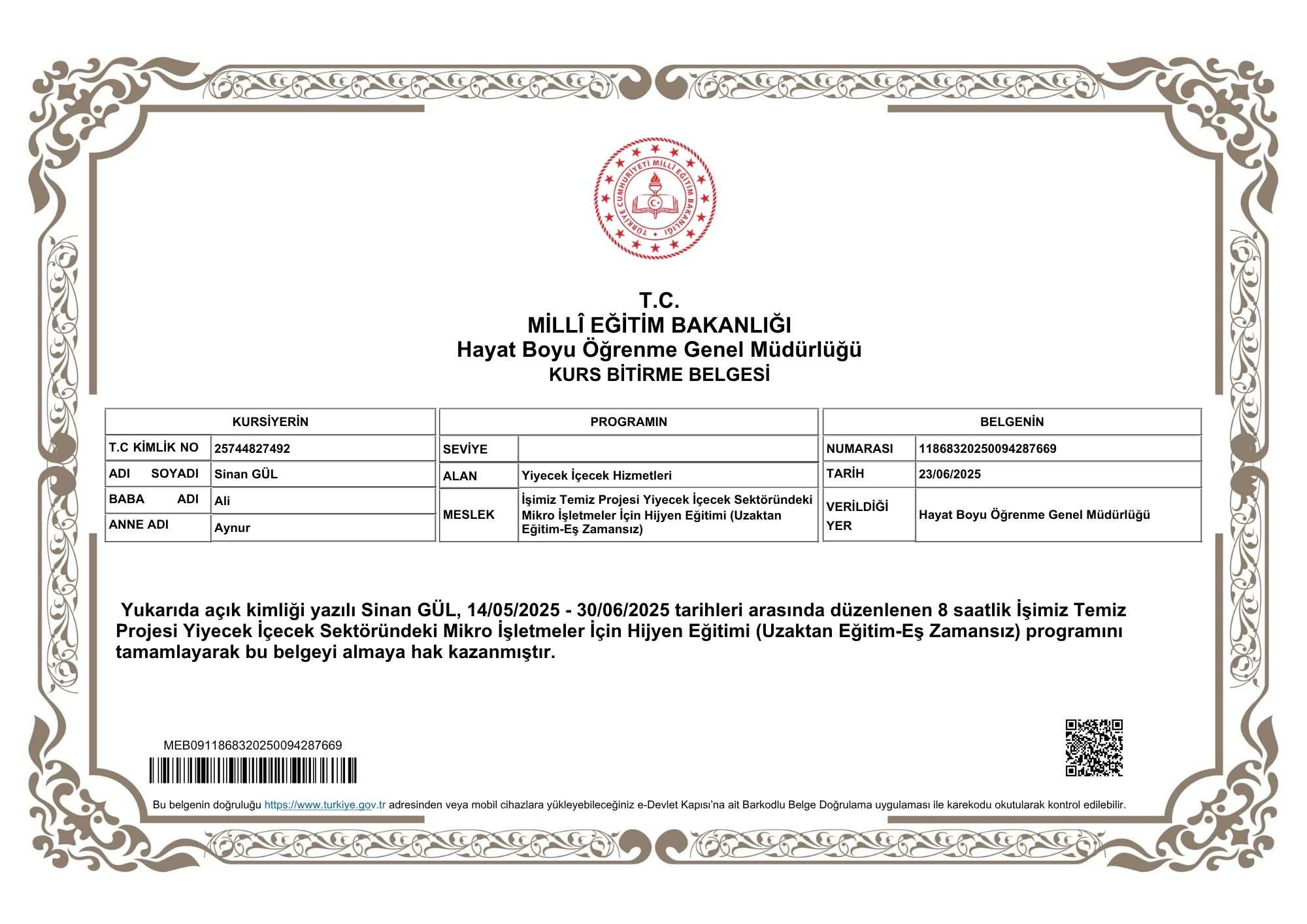 YİYECEK İÇECEK  SEKTÖRÜNDE HİJYEN BELGESİ