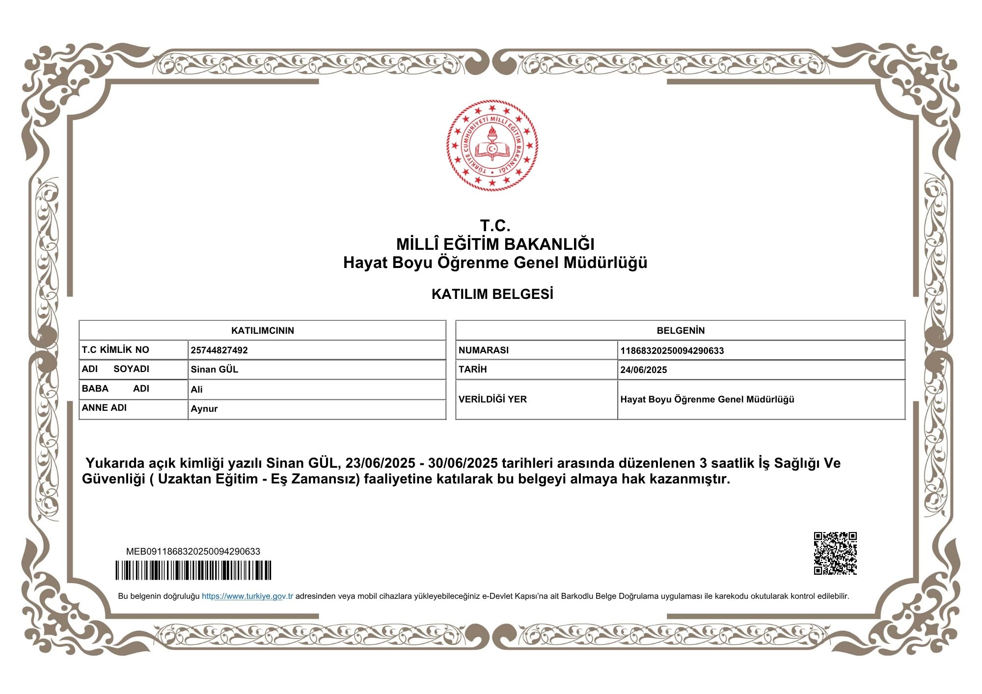 İŞ SAĞLIĞI VE GÜVENLİĞİ EĞİTİMİ KATILIM BELGESİ