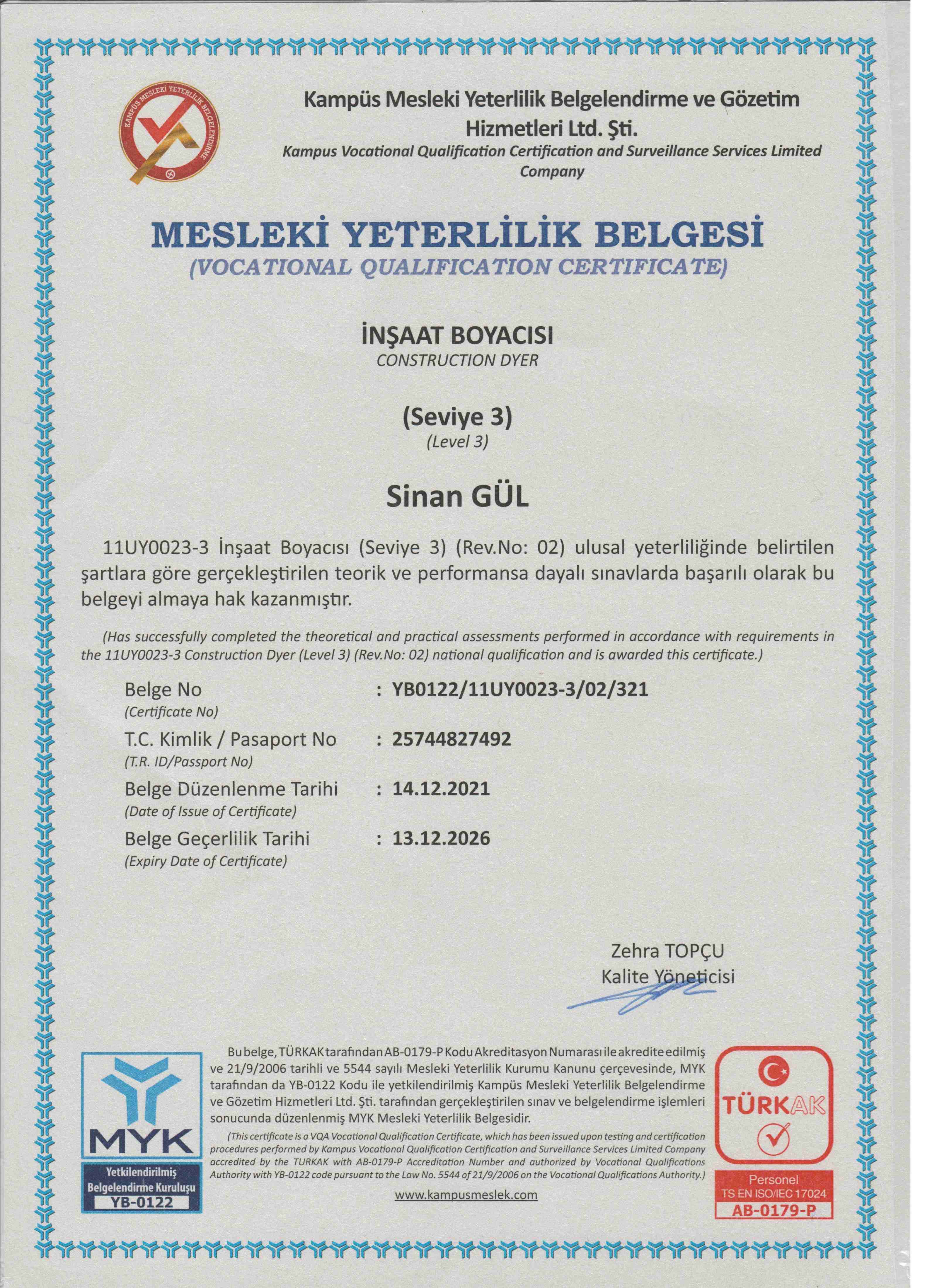 MYK SEVİYE 3 İNŞAAT BOYACISI