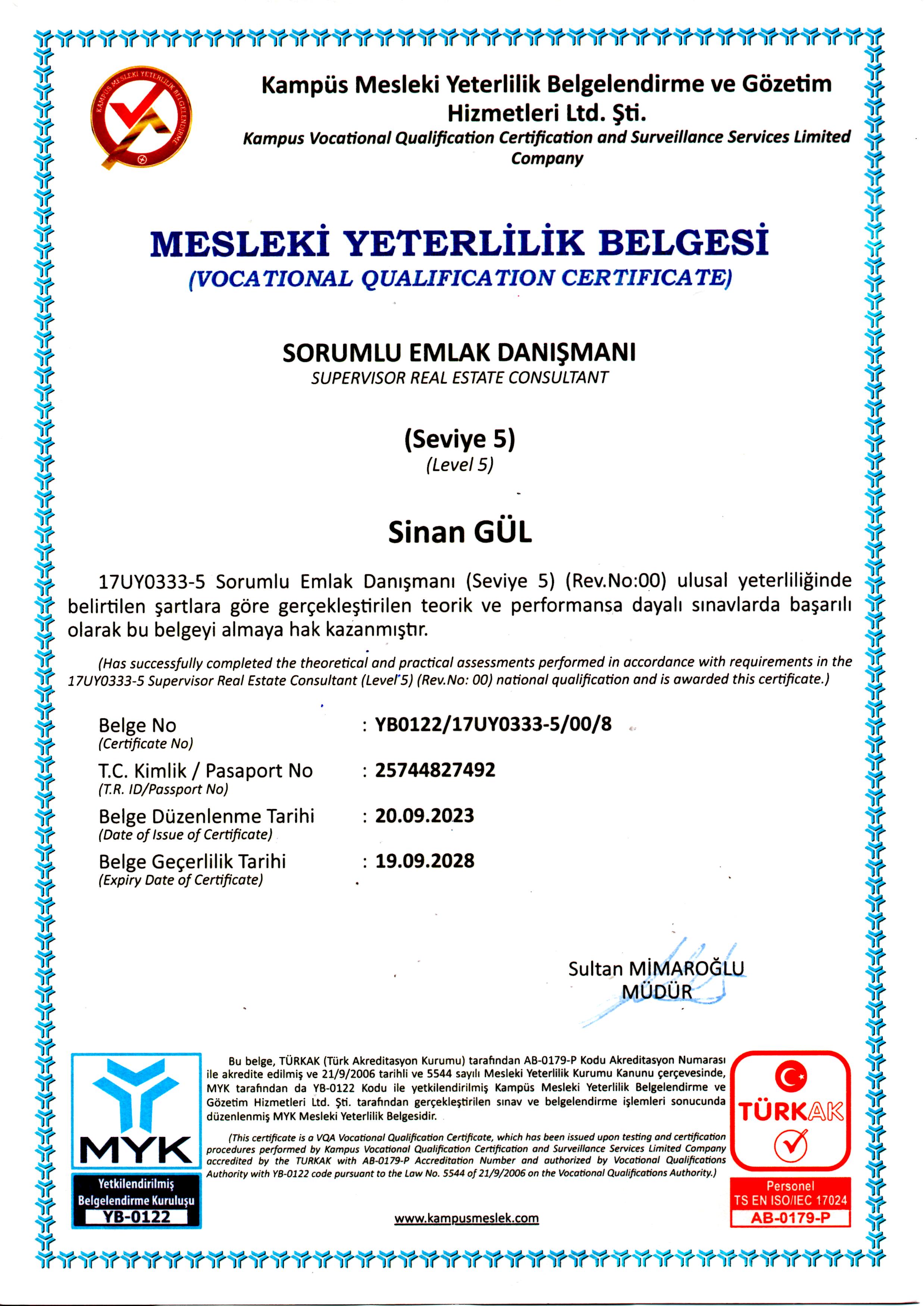 MYK SEVİYE 5 SORUMLU EMLAK DANIŞMANI